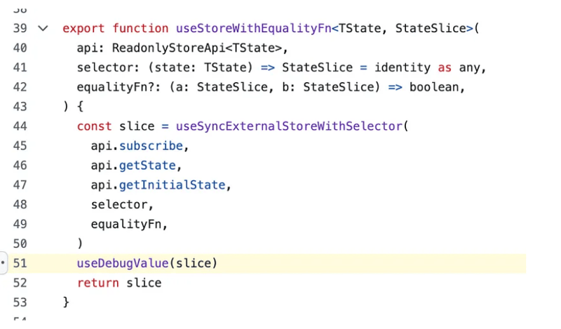 useDebugValue usage in Zustand source code explained.
